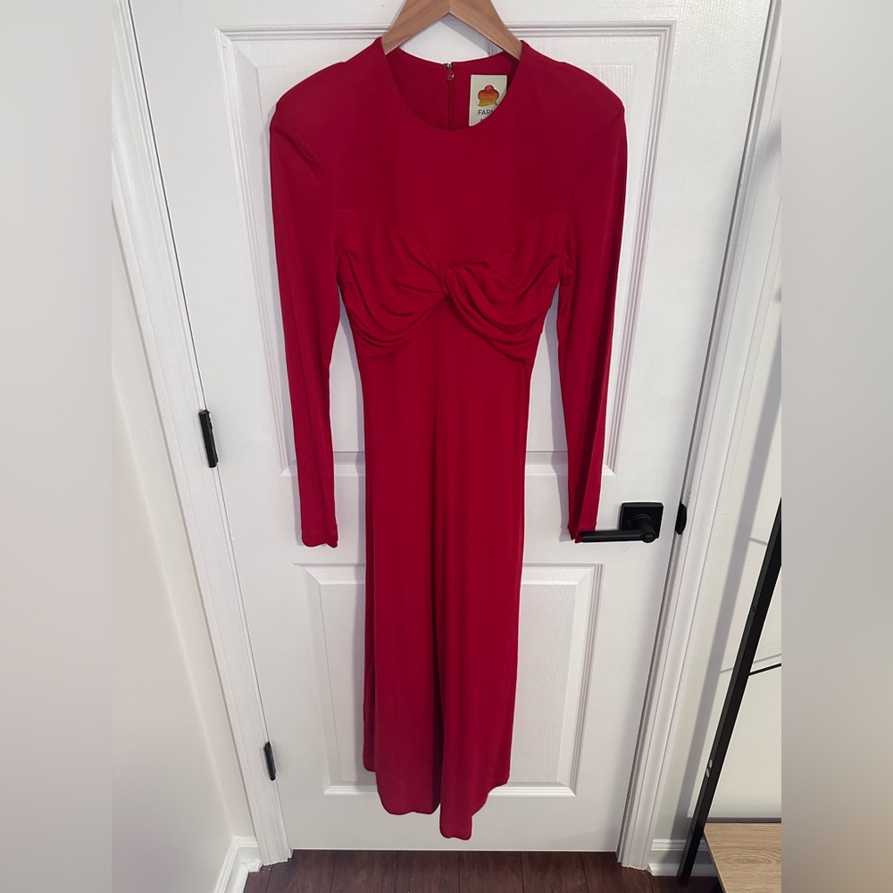 Farm Rio NWT Red Long Sleeve Twisted Cup Midi Dress Size Small $248 MSRP